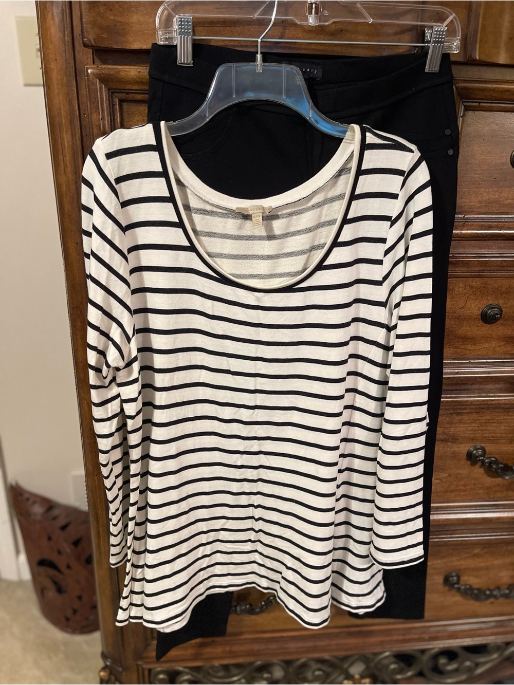 Bordeaux Black & White Striped Long-Sleeve Scoop Neck Top